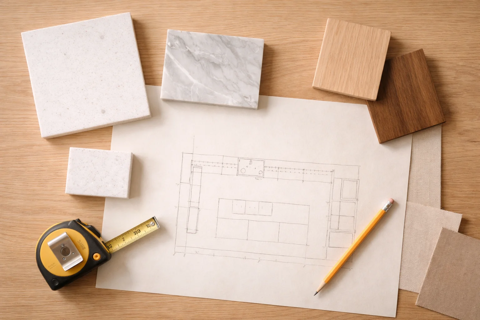 Kitchen countertop planning with stone samples and floor plan