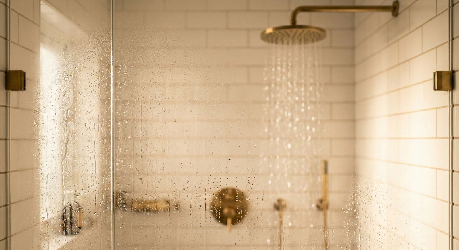 Rainfall shower with brass fixtures seen through steamy glass door with water droplets