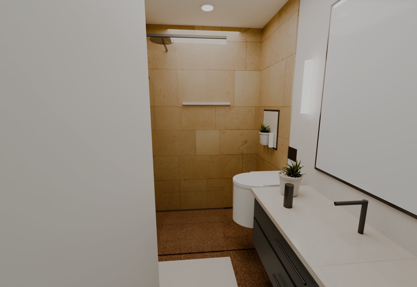 A small bathroom with a curbless walk-in shower, a floating vanity, stone walls and a terrazzo floor