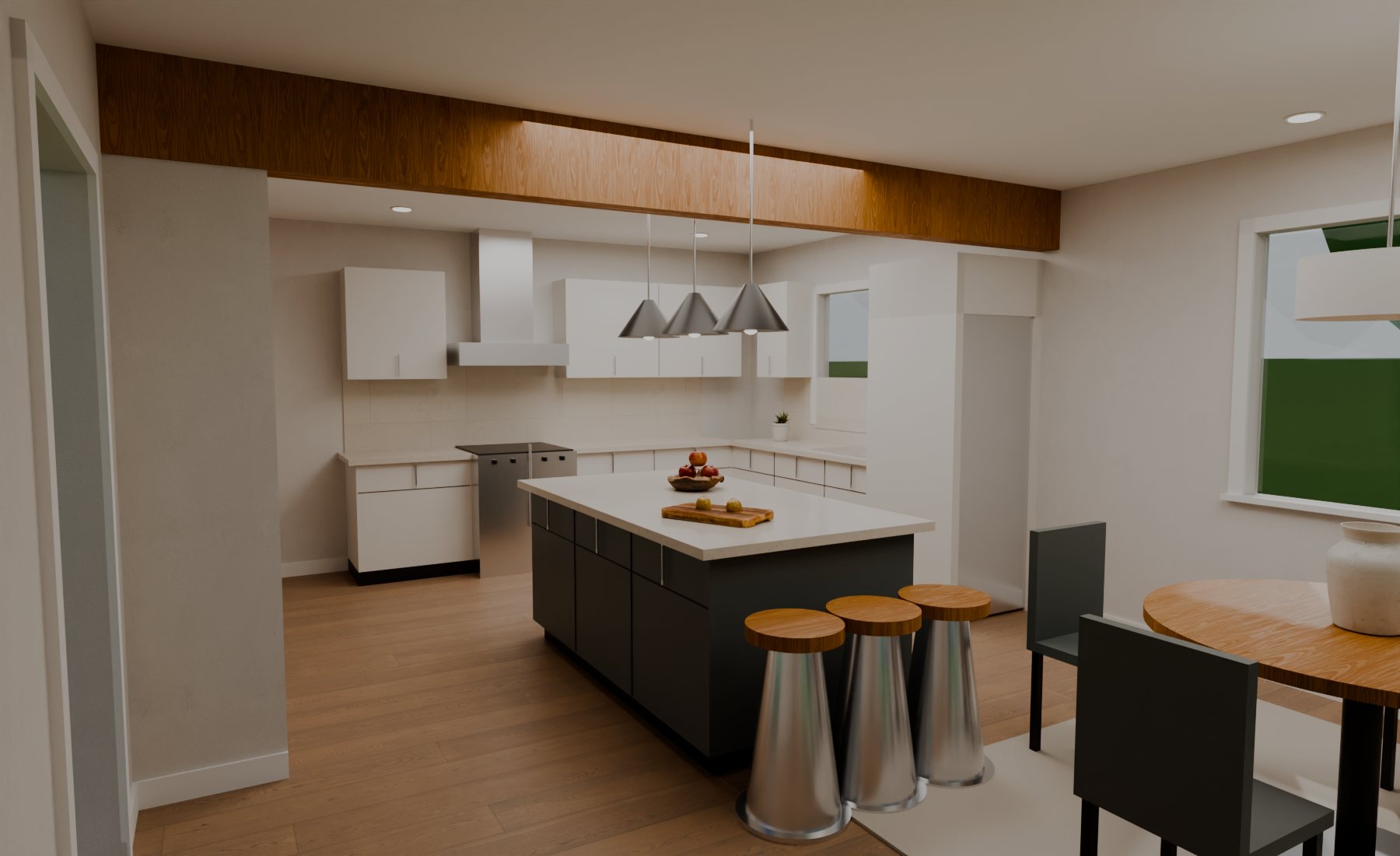A kitchen opened to the dining room, with an island under a beam and one continuous wood floor
